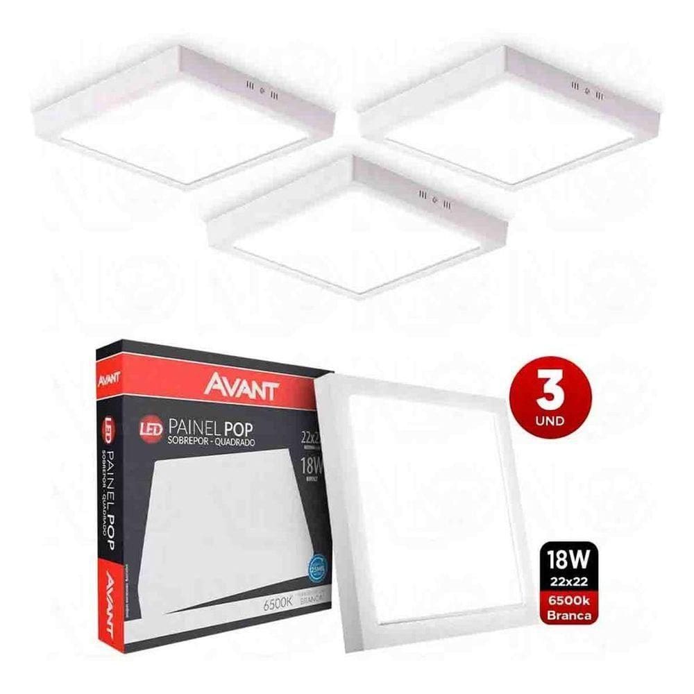 Kit 3 Painel Led Luminaria 18w 6500k Avant 22x22 Sobrepor