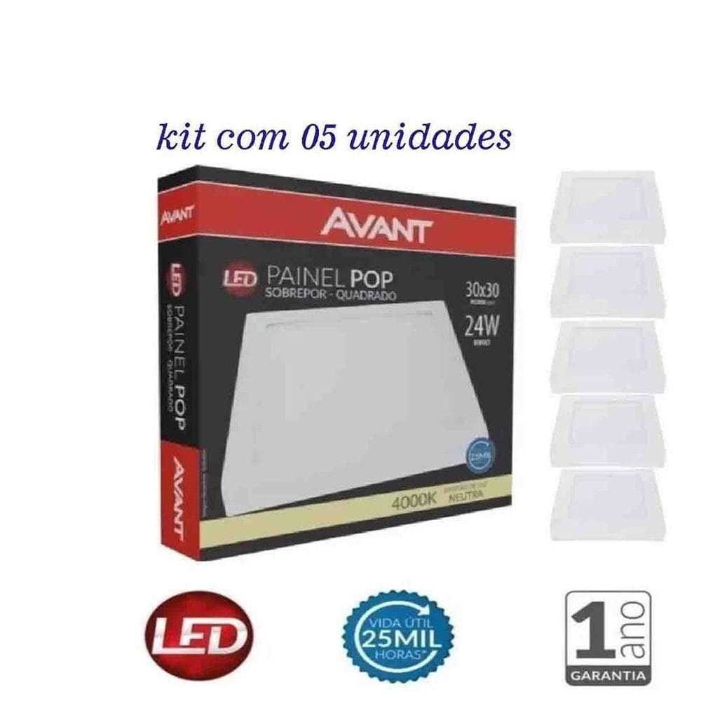 Kit 5 Paineis Paflon Led Quadrado 24w 1°linha 30x30 Sobrepor