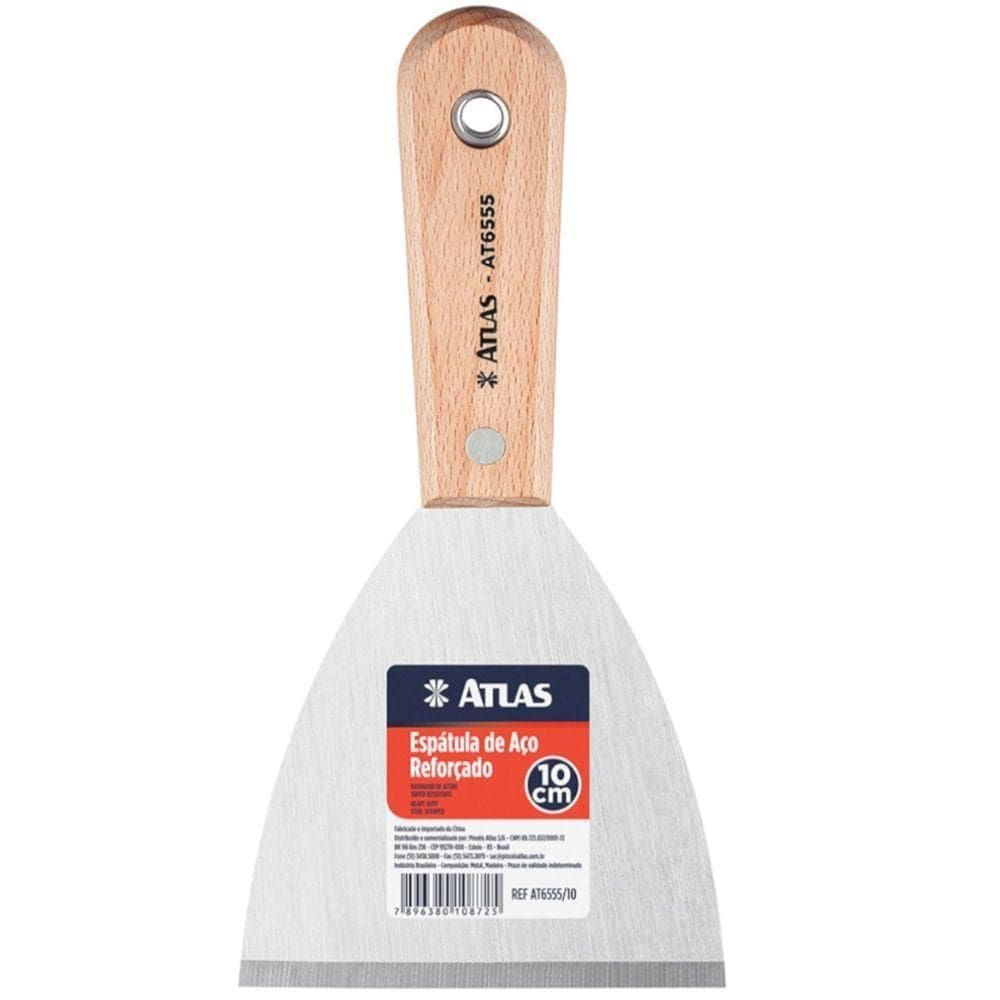 Espátula de Aço Reforçado com Cabo de Madeira 100mm At6555-10 Pincéis Atlas Espátula de Aço Refo