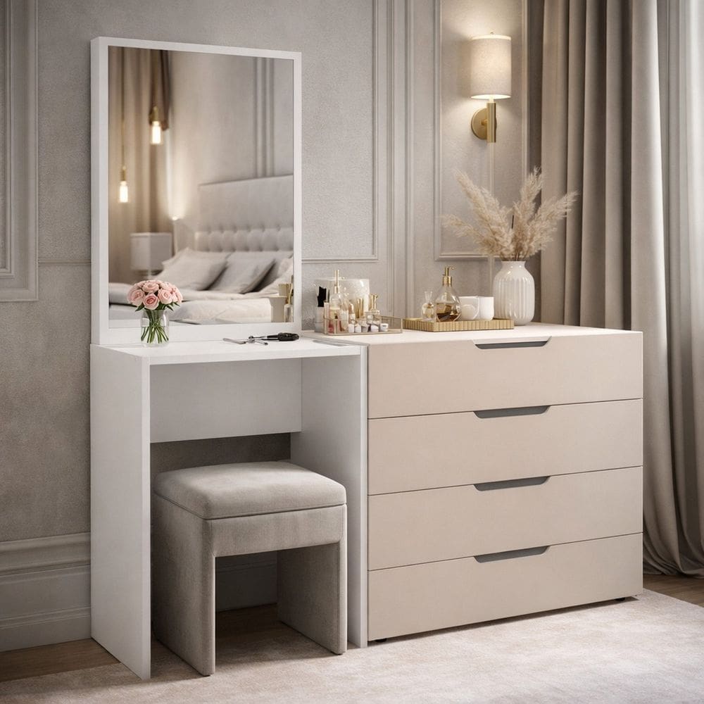 Cômoda Penteadeira 4 Gavetas Madrid Creme/Branco