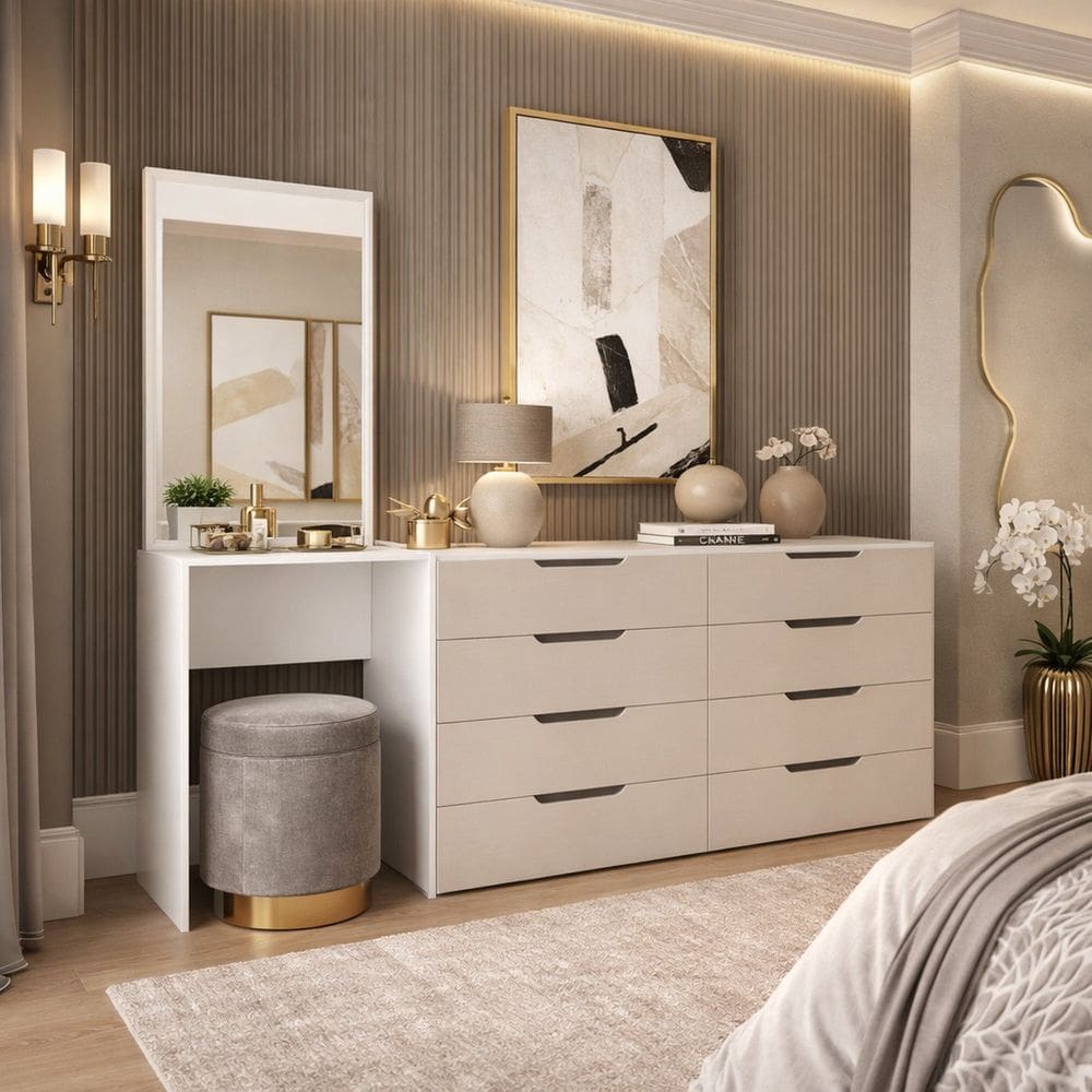 Cômoda Penteadeira 8 Gavetas Madrid Creme/Branco