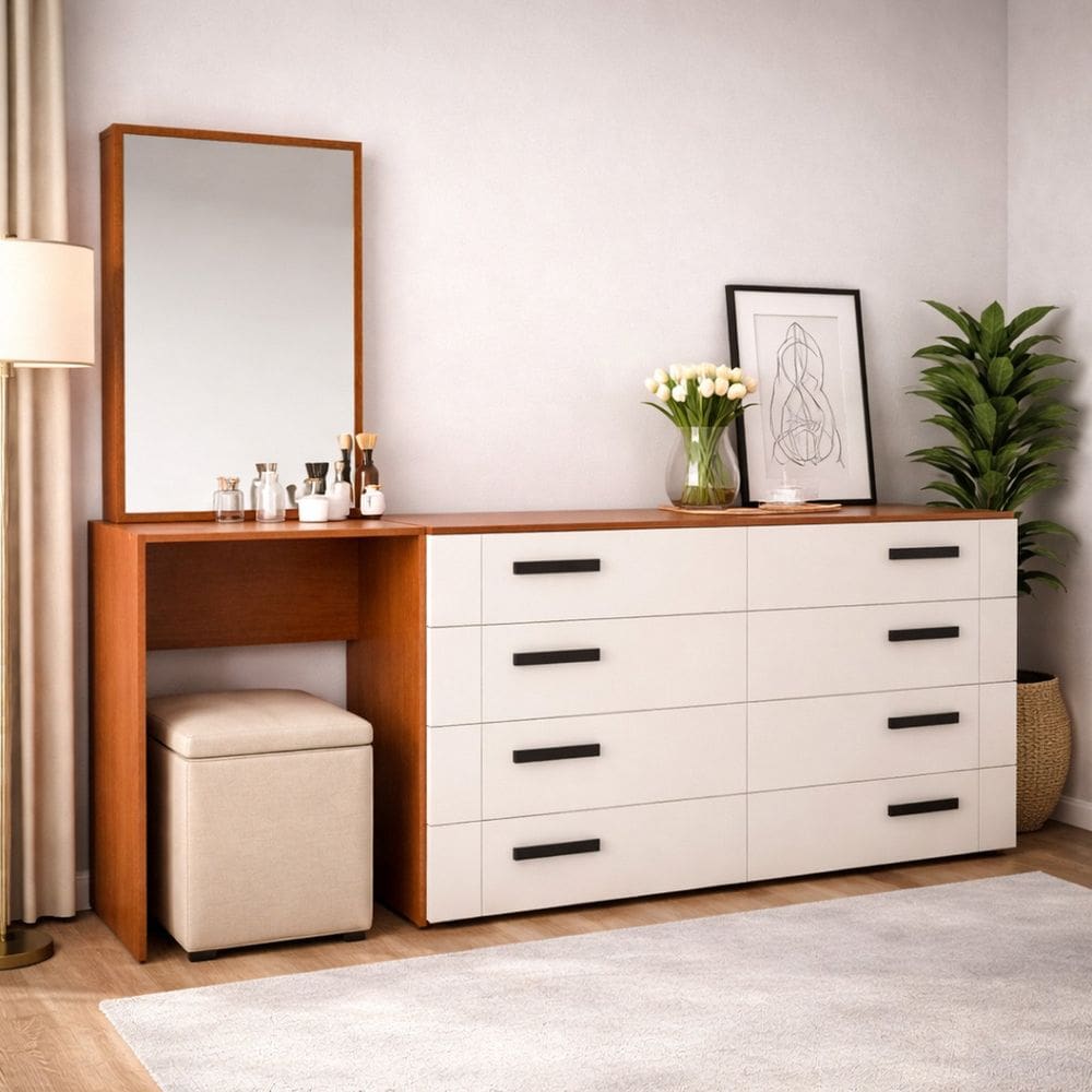 Cômoda Penteadeira 8 Gavetas Lisboa Creme/Freijó