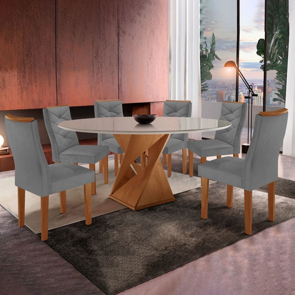Conjunto Sala de Jantar 6 Lugares Redonda Tampo 120cm Vidro/mdf Mesa e Cadeiras Barcelona Yescasa Cinza/Cinamomo