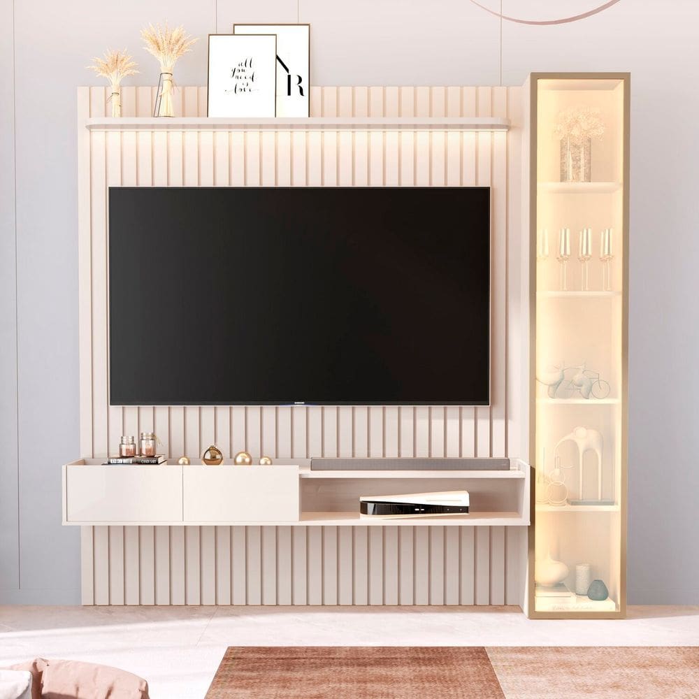Painel para Tv 75 Polegadas 100% Mdf com Led Vitoria Regia Off White