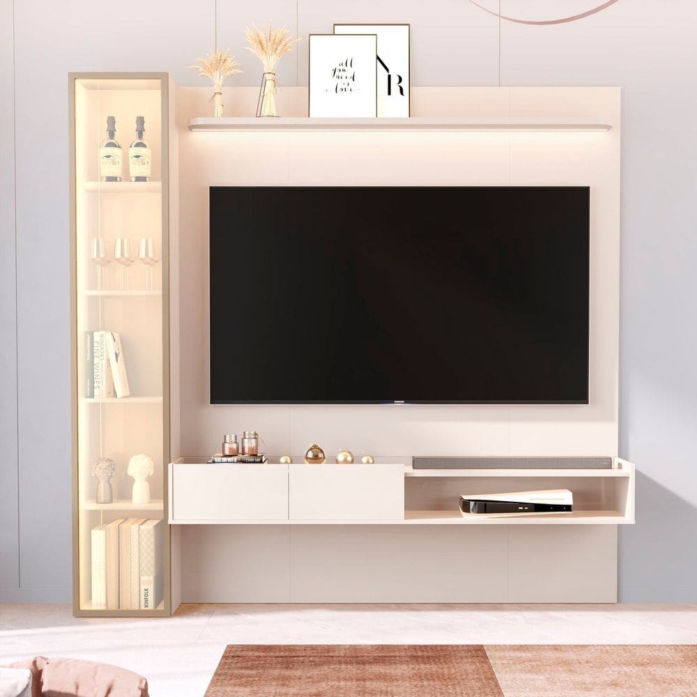Painel para Tv 75 Polegadas 100% Mdf com Led Vitoria Regia Off White