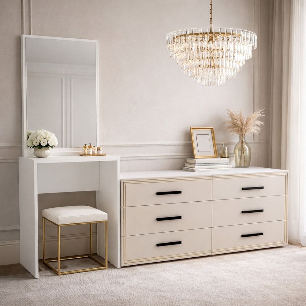 Cômoda Penteadeira 6 Gavetas Valência Creme/Branco