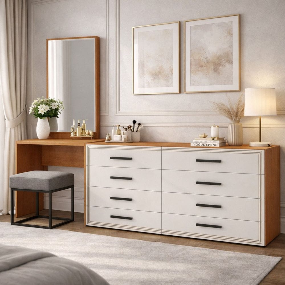 Cômoda Penteadeira 8 Gavetas Valência Creme/Freijó
