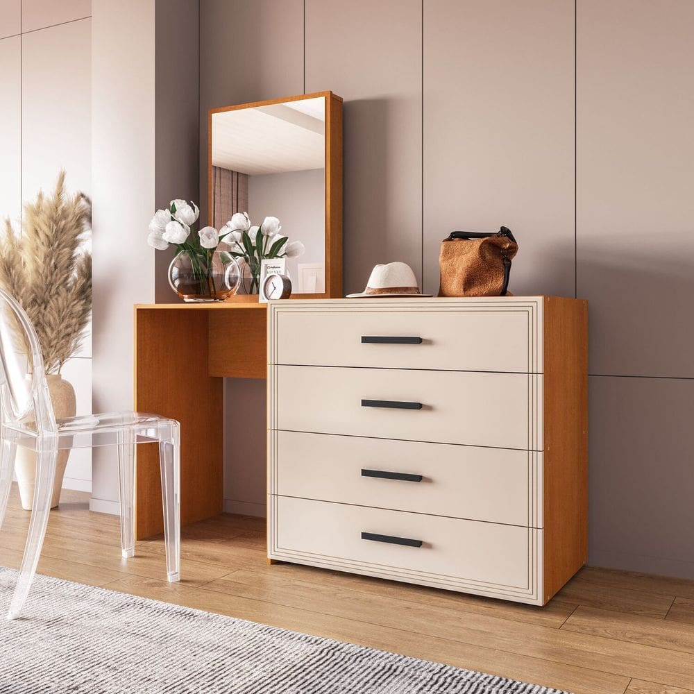 Cômoda Penteadeira 4 Gavetas Valência Creme/Freijó