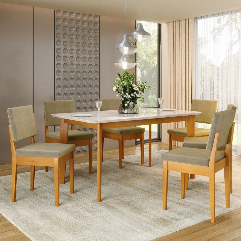 Conjunto Sala de Jantar Siera 6 Lugares Retangular Madeira Maciça Miami Cerejeira/Castor