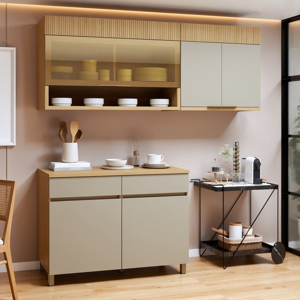 Cozinha Completa Modulada 3 Peças 5 Portas 2 Gavetas 100% Mdf Realeza Premium Carvalho/Greige