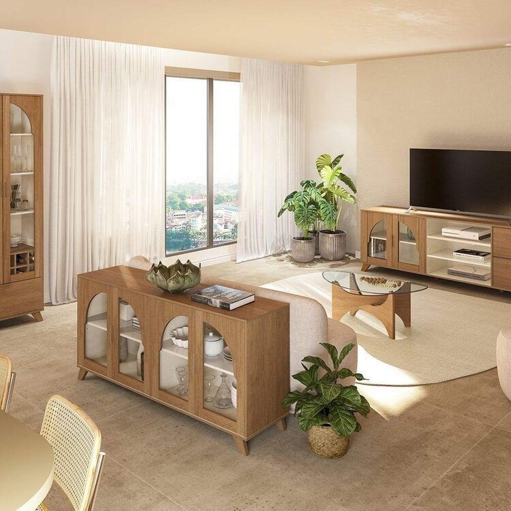 Conjunto Sala de Estar Mesa de Centro Levitá e Buffet e Rack e Cristaleira Murano Cinamomo/Off White