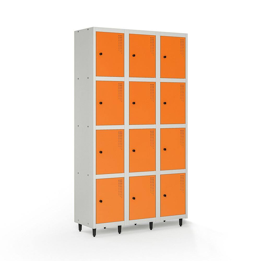 Armário Locker Guarda-volume de Aço 12 Portas com Fecho para Cadeado Vestiário Academia Laranja/Cinza