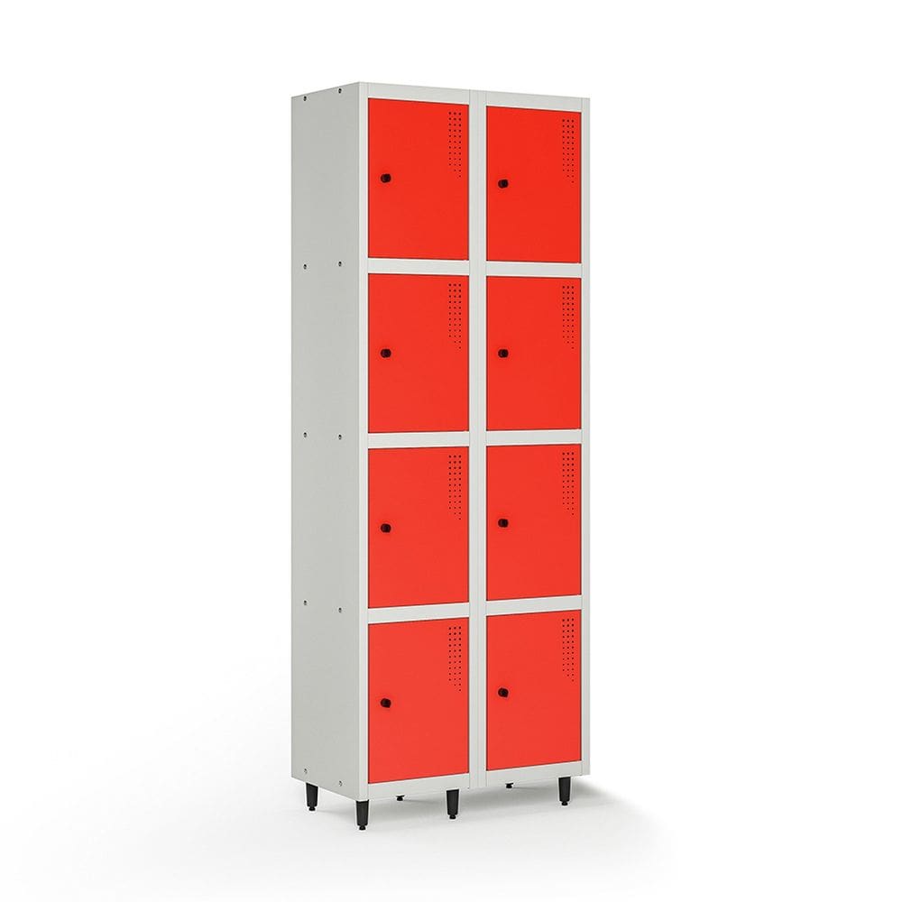 Armário Locker Guarda-volume de Aço 8 Portas com Fecho para Cadeado Vestiário Academia Vermelho/Cinza
