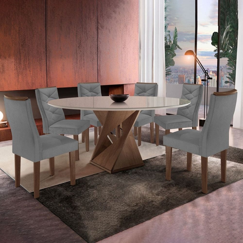 Conjunto Sala de Jantar 6 Lugares Redonda Tampo 120cm Vidro/mdf Mesa e Cadeiras Barcelona Yescasa Chocolate/Cinza