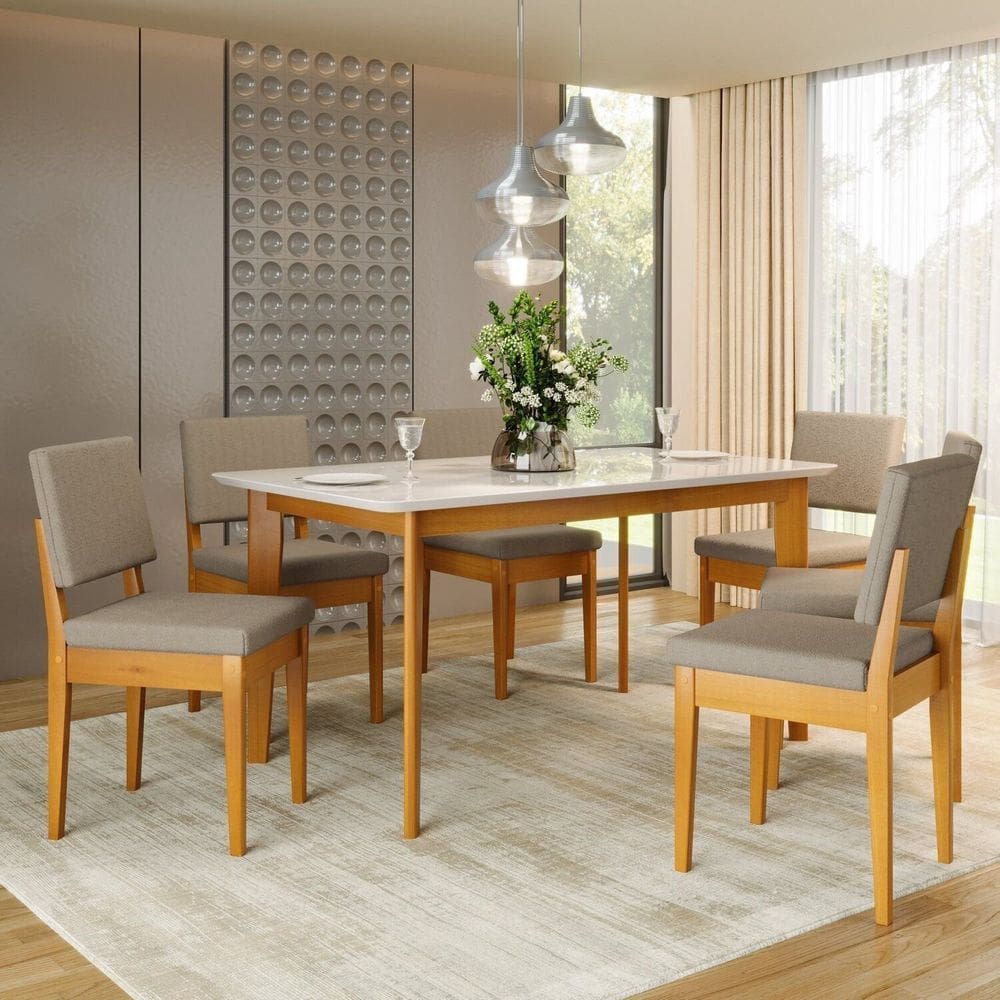 Conjunto Sala de Jantar Siera 6 Lugares Retangular Madeira Maciça Miami Cerejeira/Camurça