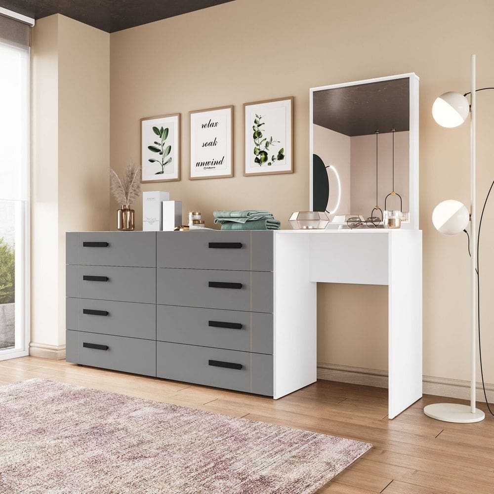 Cômoda Penteadeira 8 Gavetas Lisboa Cinza/Branco