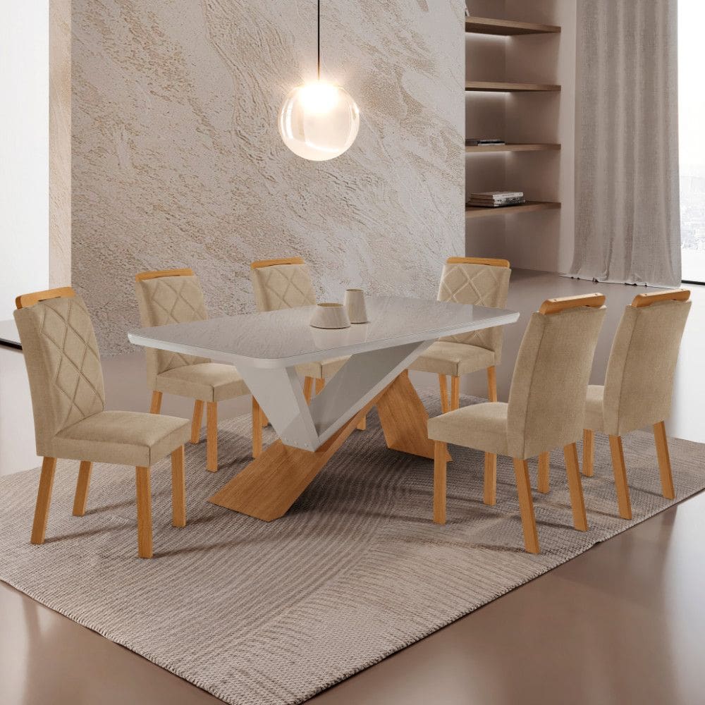 Mesa de Jantar Yasmin 180cm Tampo MDF com Vidro Canto Copo e 6 Cadeiras Melissa