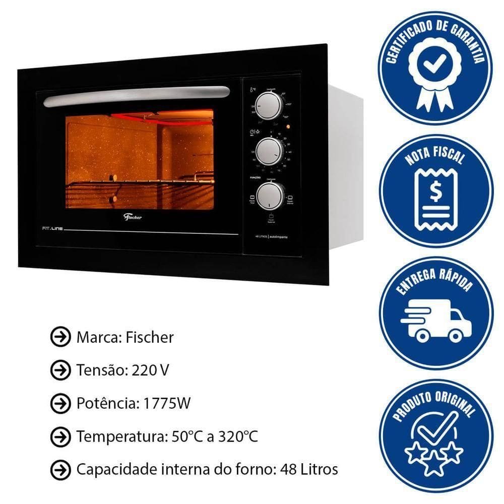 Kit Forno Elétrico 48l + Micro-ondas 25l Fischer Fit Line Embutir Preto 220V
