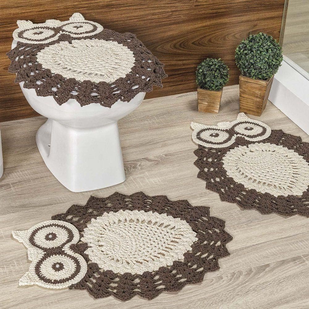 Jogo De Banheiro Coruja Em Crochê Feito A Mão 03 Peças 85% Algodão | 15% Poliéster - Cru