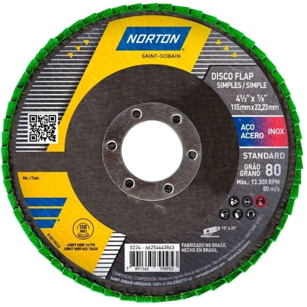 Disco Flap Fibra 4.1-2` Grão 80 R244 Standart 115x22,23mm 0080 66254443863 Nortan Disco Flap Fib