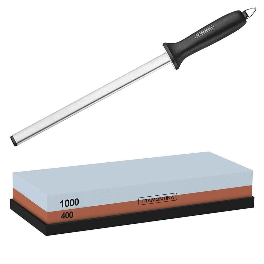 Kit Pedra Afiar Faca E Chaira Diamantada em Inox 10” Tramontina Profissional