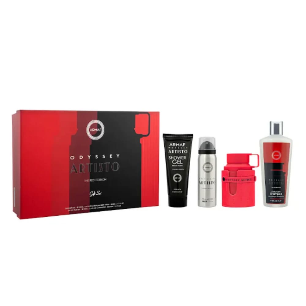Conjunto Perfume Armaf Aristo Red Edition 100 ml de gel de banho, 50 ml de spray corporal, 100 ml de EDP, 250 ml de shampoo
