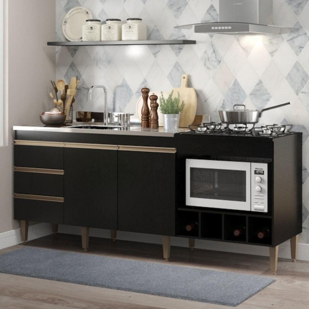 Kit Armário De Cozinha Para Pia 120cm E Balcão Para Cooktop 4 Bocas Menu Móveis Preto