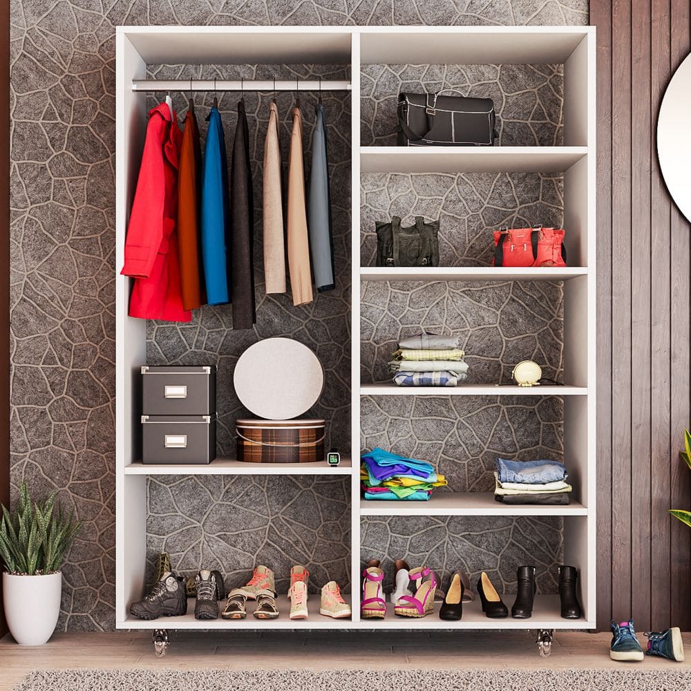 Closet Aberto Multifuncional com Rodízios Cabideiro Metálico e Prateleiras Modulares