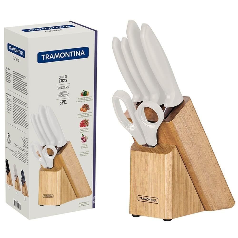 Jogo De Facas Tramontina Plenus Aço Inox Cabos Poliprop. Off White E Sup De Madeira 6 Peças 23498315