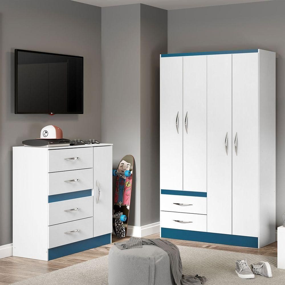 Kit Completo Para Quarto Infantil Guarda-roupa E Cômoda Menu Móveis Branco/azul