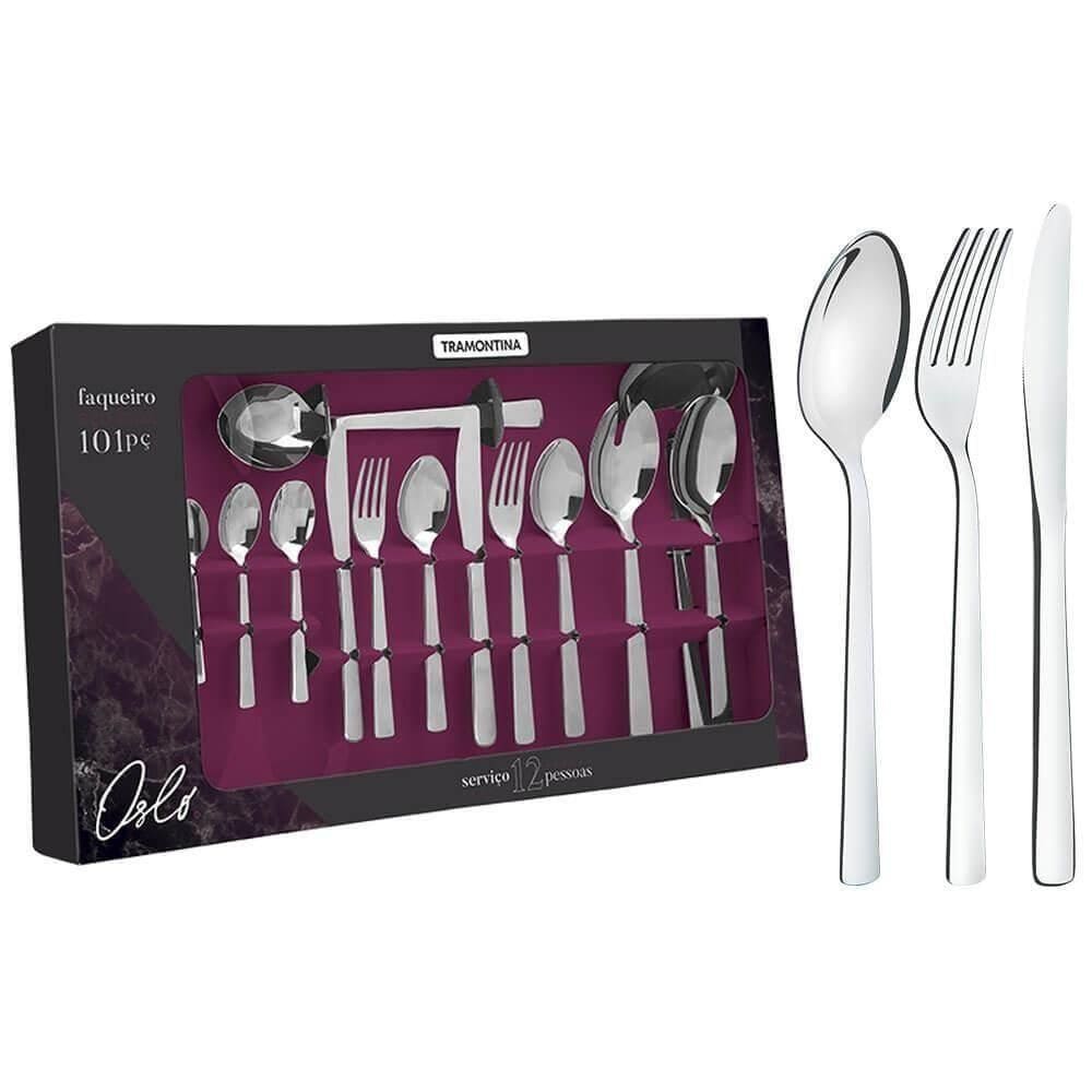 Faqueiro Tramontina Oslo Em Aço Inox Com Facas De Mesa Acabamento Alto Brilho 101 Peças 66985030