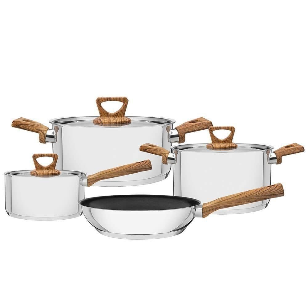 Jogo De Panelas Tramontina 4 Peças Brava Antiad. Aço Inox Fundo Triplo Com Acab. Amadeirado 65300310