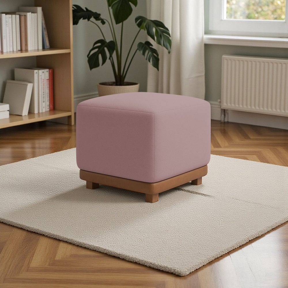Puff Dalilla Decorativo Bouclé Premium Exclusivo Assento Extra Para Sala Quarto Base Peroba Pés Castanho Design Moderno