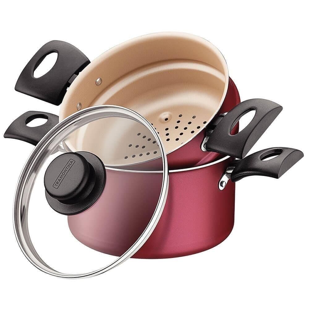 Cuscuzeira Tramontina Turim 16 Cm Vermelho Alumínio E Rev. Antiaderente E Tampa De Vidro 20266716