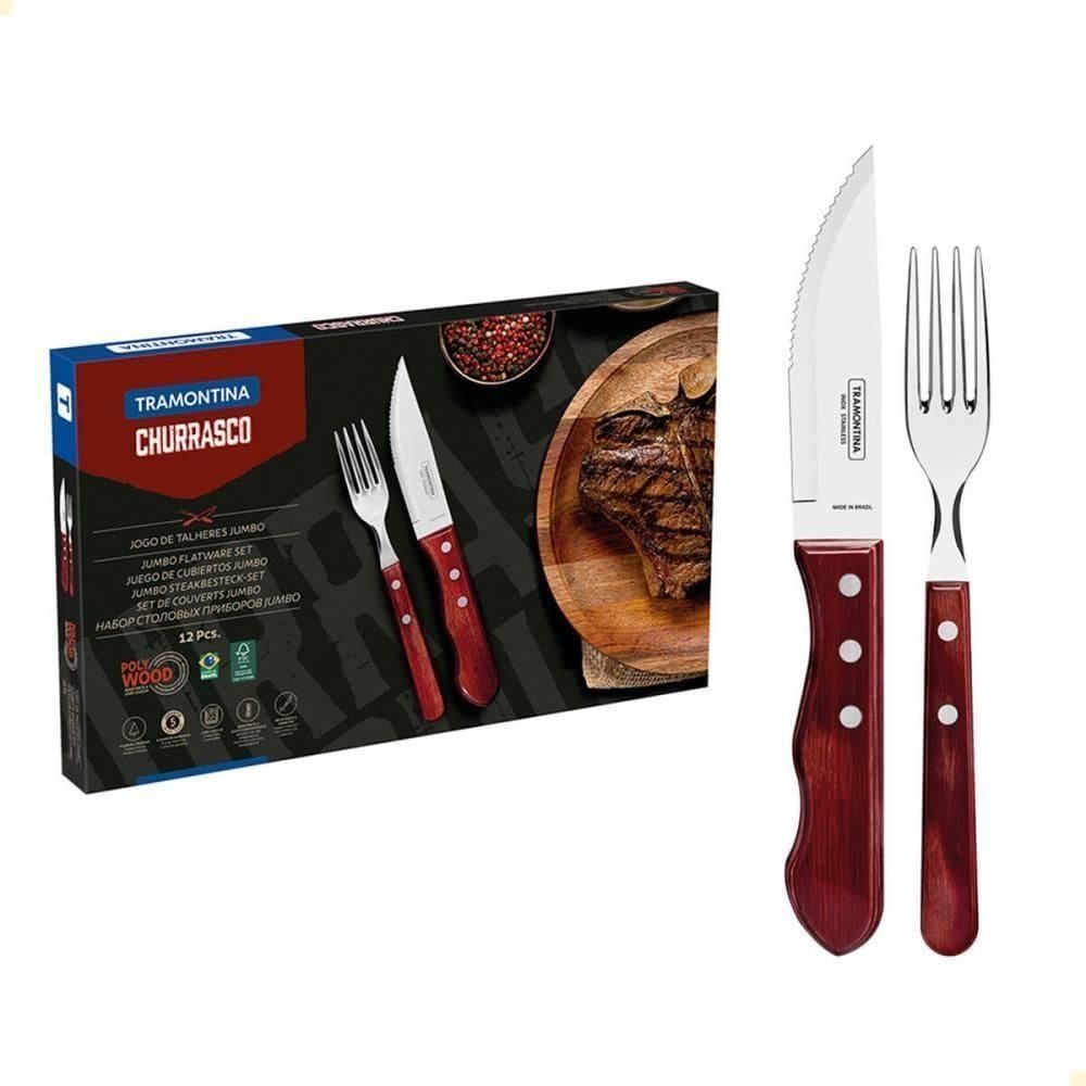 Jogo De Talheres Para Churrasco Jumbo Tramontina Em Inox Cabo Vermelho Polywood 12 Peças 21199796