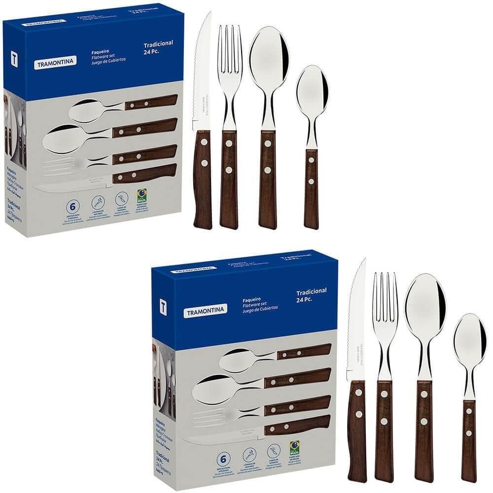 Conjunto 2 Faqueiros Tramontina Tradicional Com Lâminas Em Aço Inox E Cabos De Madeira Natural