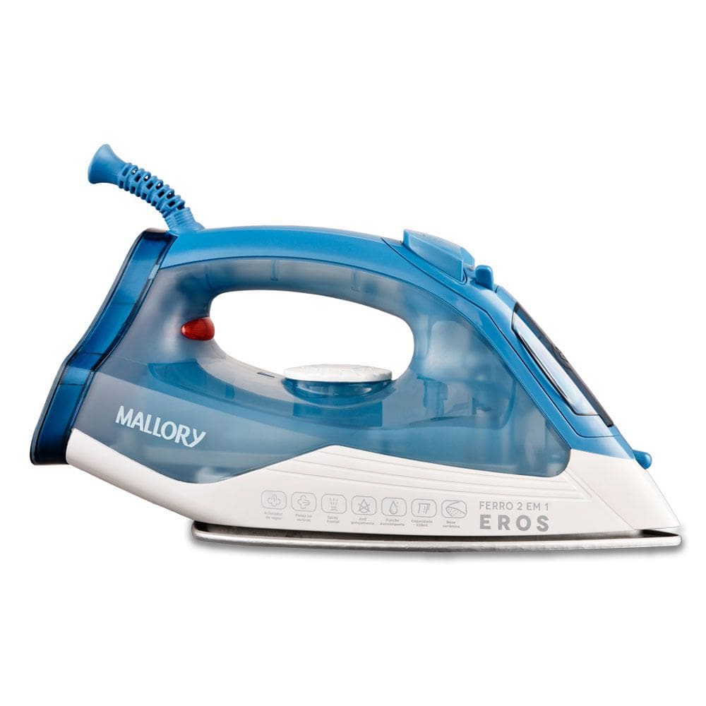 Ferro Mallory Eros 2 em 1: A Seco ou a Vapor - Base Cerâmica, Spray de Água, Salva Botões e Reservatório de 220ml
