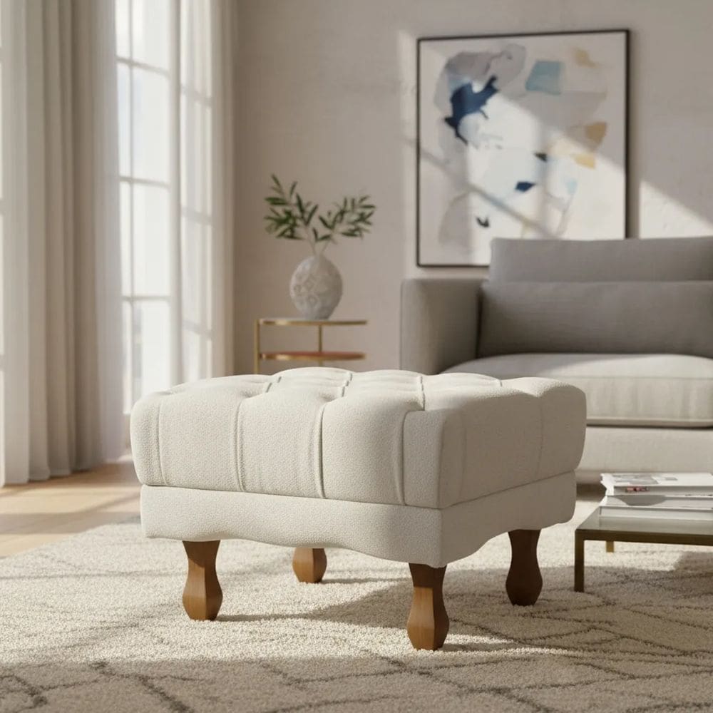 Puff Duque Bouclé Premium de Luxo Capitone Assento Elegante para Sala Quarto Decoração Pés Luiz Xv Castanho