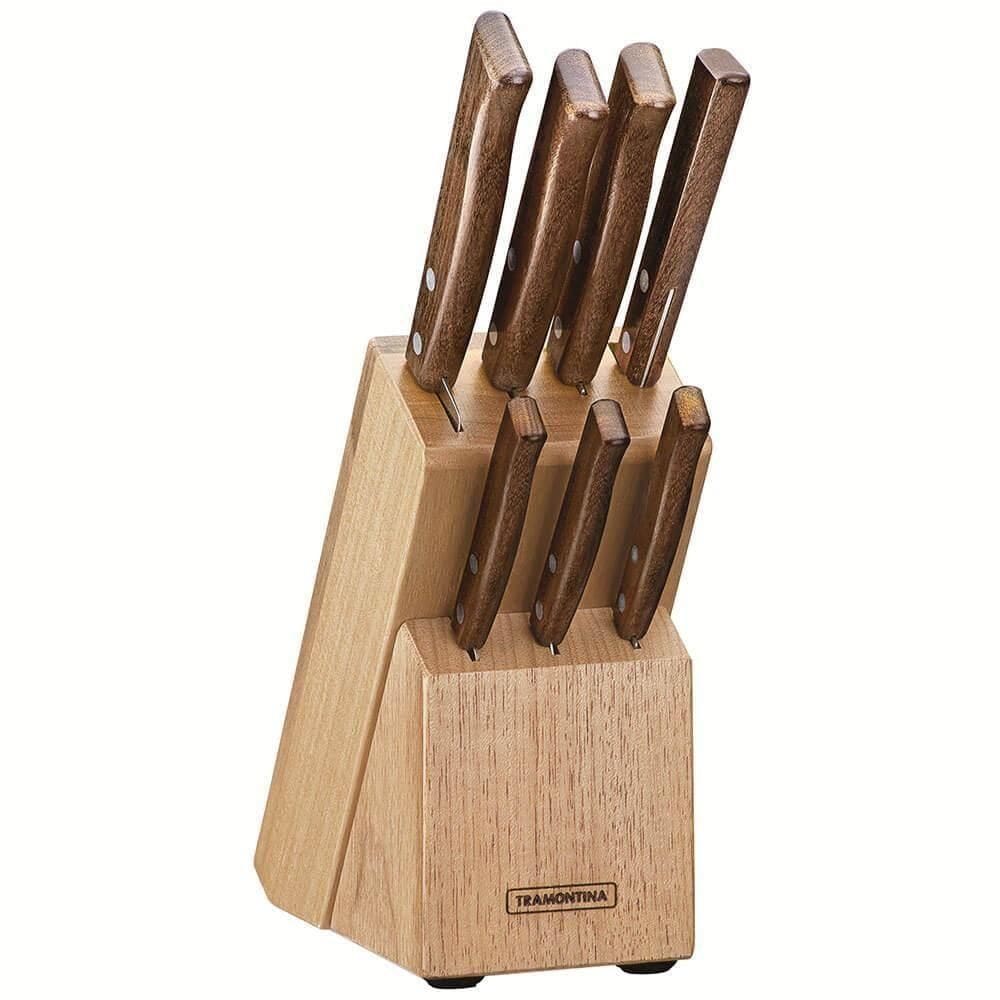 Jogo De Facas Tramontina Tradicional Aço Inox E Cabos Em Madeira Natural Com Suporte 8 Pçs 22299026