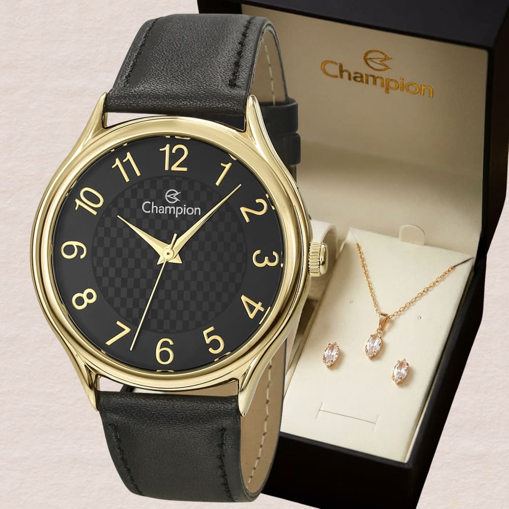 Relógio Champion Feminino Analógico Dourado CH22706K + Kit Colar e Brinco