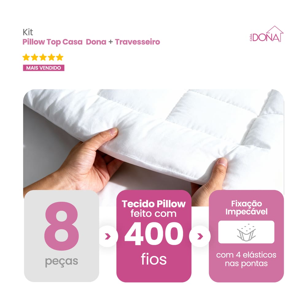 Kit 4 Pillow, Capa e Protetor de Colchão Casa Dona 400 Fios Percal Hipoalérgico Super Macio Mais 4 Travesseiros