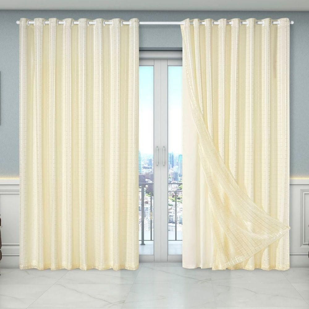 Cortina Dual Forro Com Voil Xadrez 4,00 M X 2,70 M 100% Poliéster - Bege