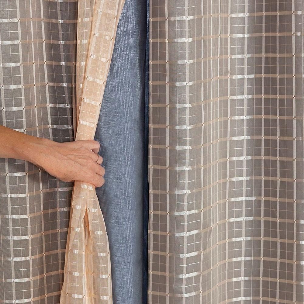 Cortina Blackout Cinza Com Voil Xadrez 2,00 M X 1,40 M 100% Poliéster - Avelã