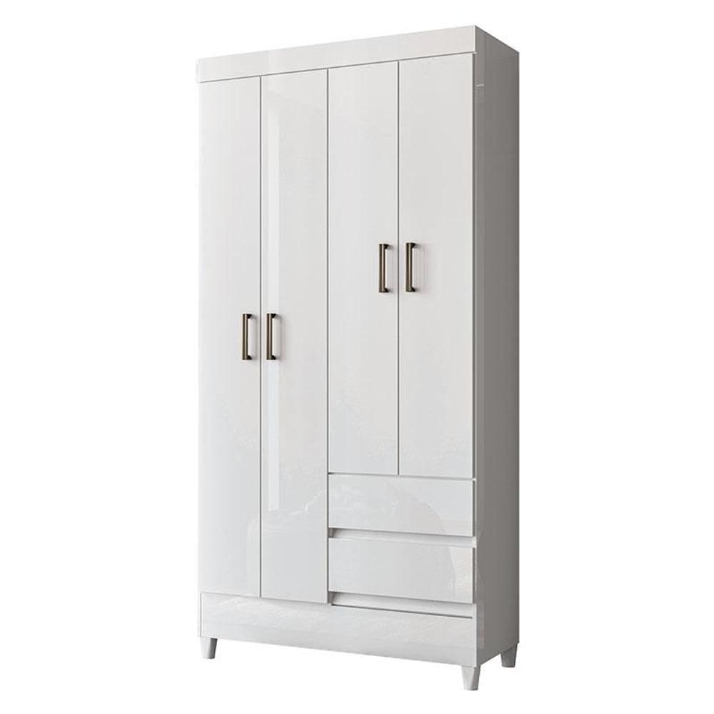 Guarda Roupa Solteiro 4 Portas com Pés Fit Branco Brilho - Santos Andirá