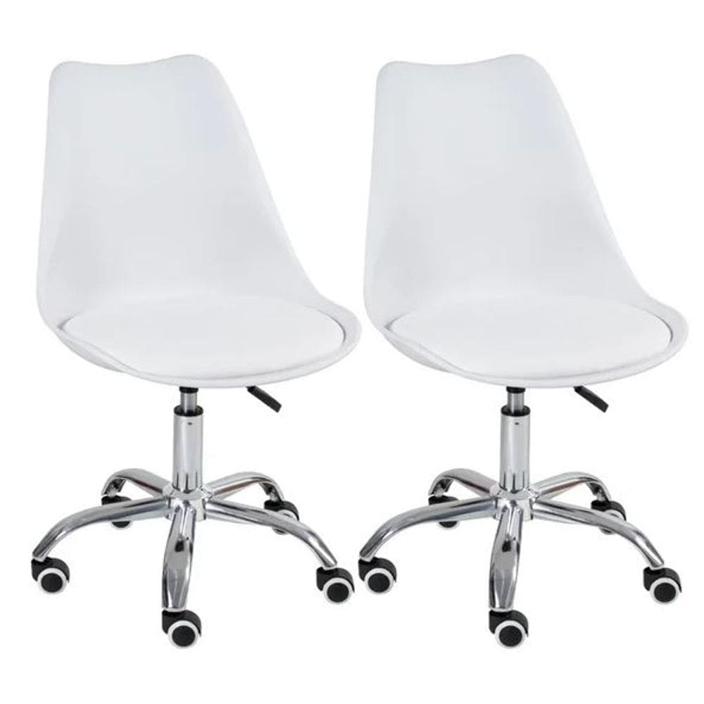 Kit 2 Cadeira Home Office Leda Giratória, Assento em Polipropileno com Almofada, Base Cromada com Rodízios, Regulagem de Altura,Branco