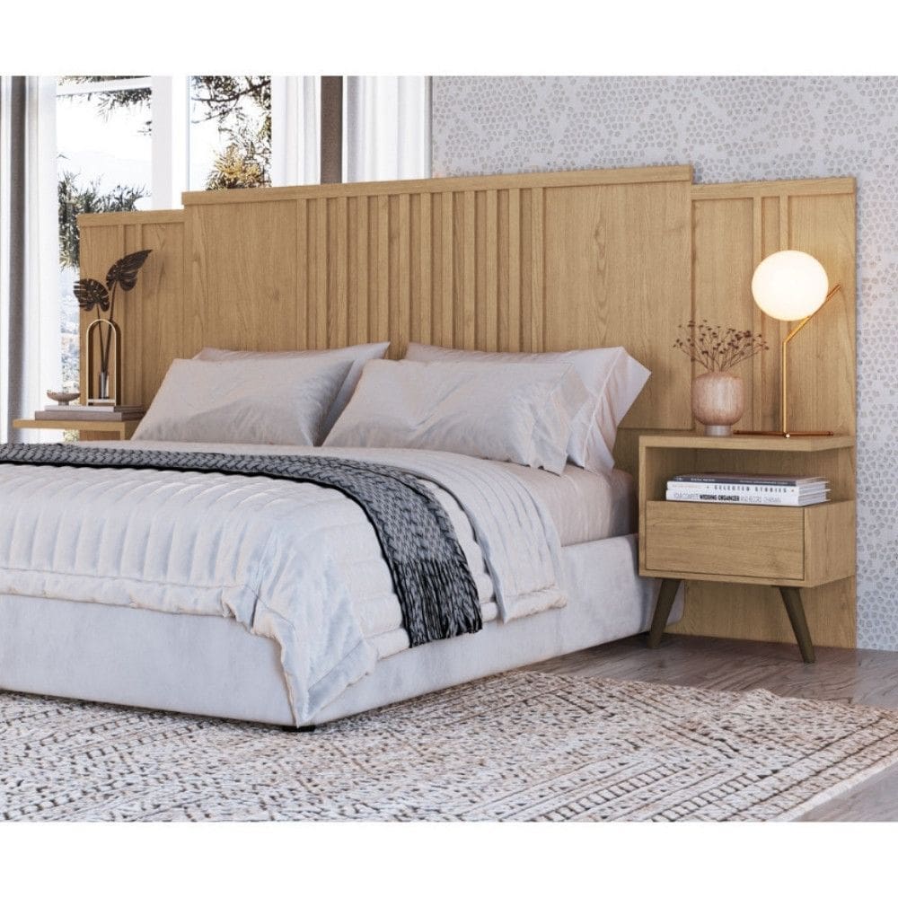 Cabeceira Extensivel Casal/Queen Ripada com 2 Mesas de Cabeceira Flora Moveis Castro