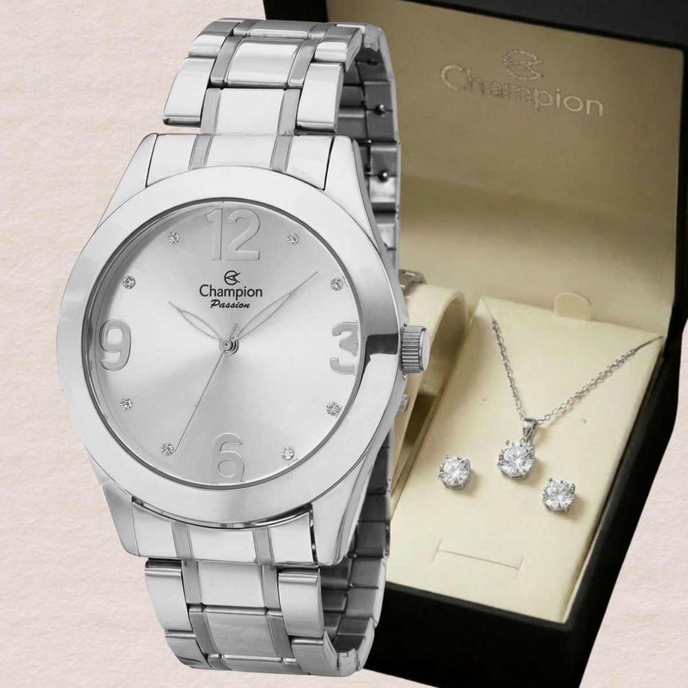 Relógio Champion Feminino Analógico Prata CH24268B + Kit Colar e Brinco