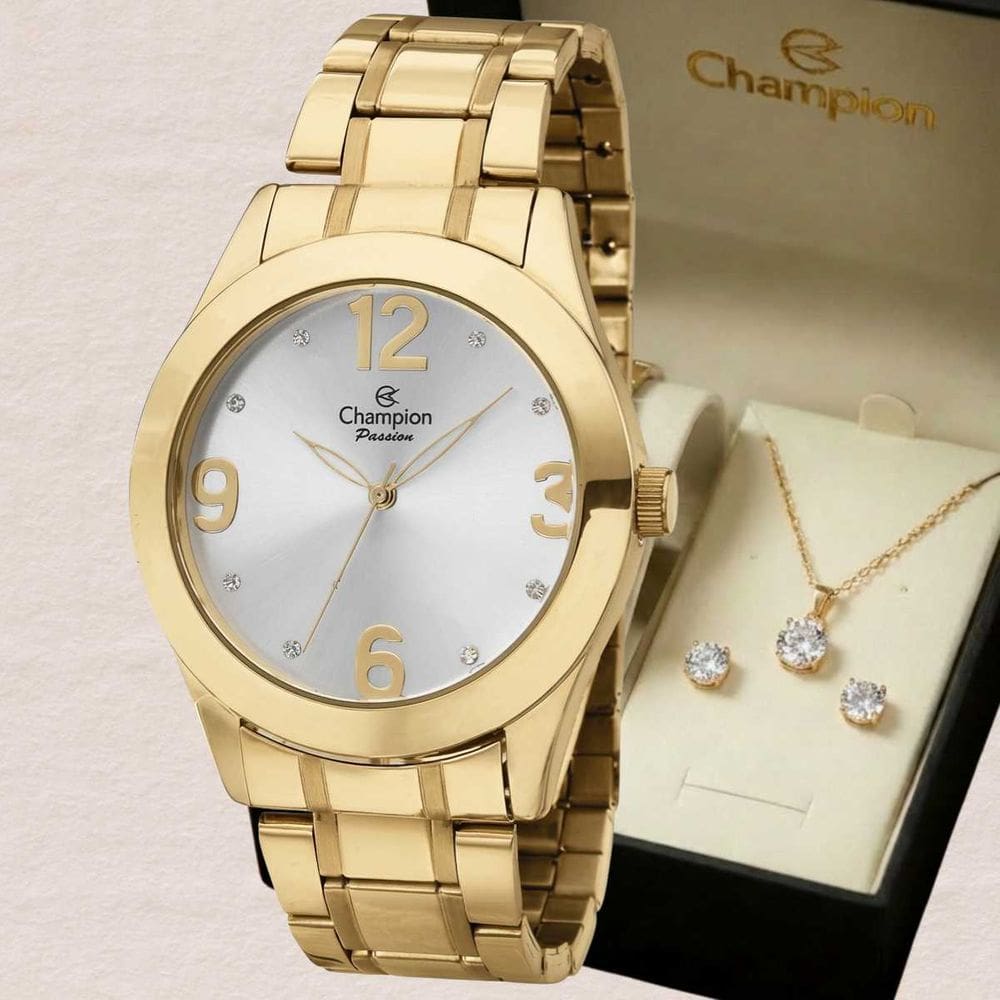 Relógio Champion Feminino Analógico Dourado CH24268D + Kit Colar e Brinco