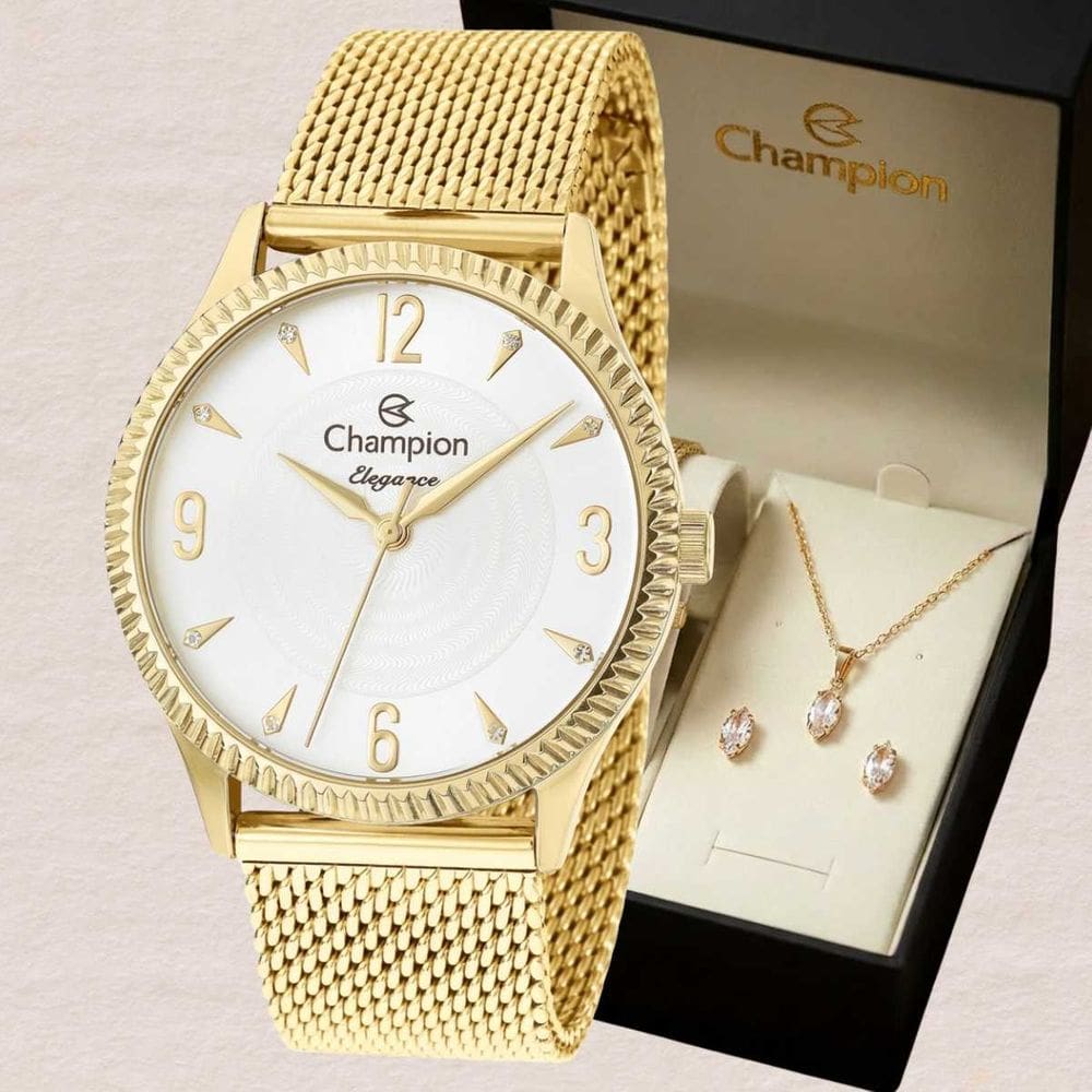 Relógio Champion Feminino Analógico Dourado CN26073E + Kit Colar e Brinco