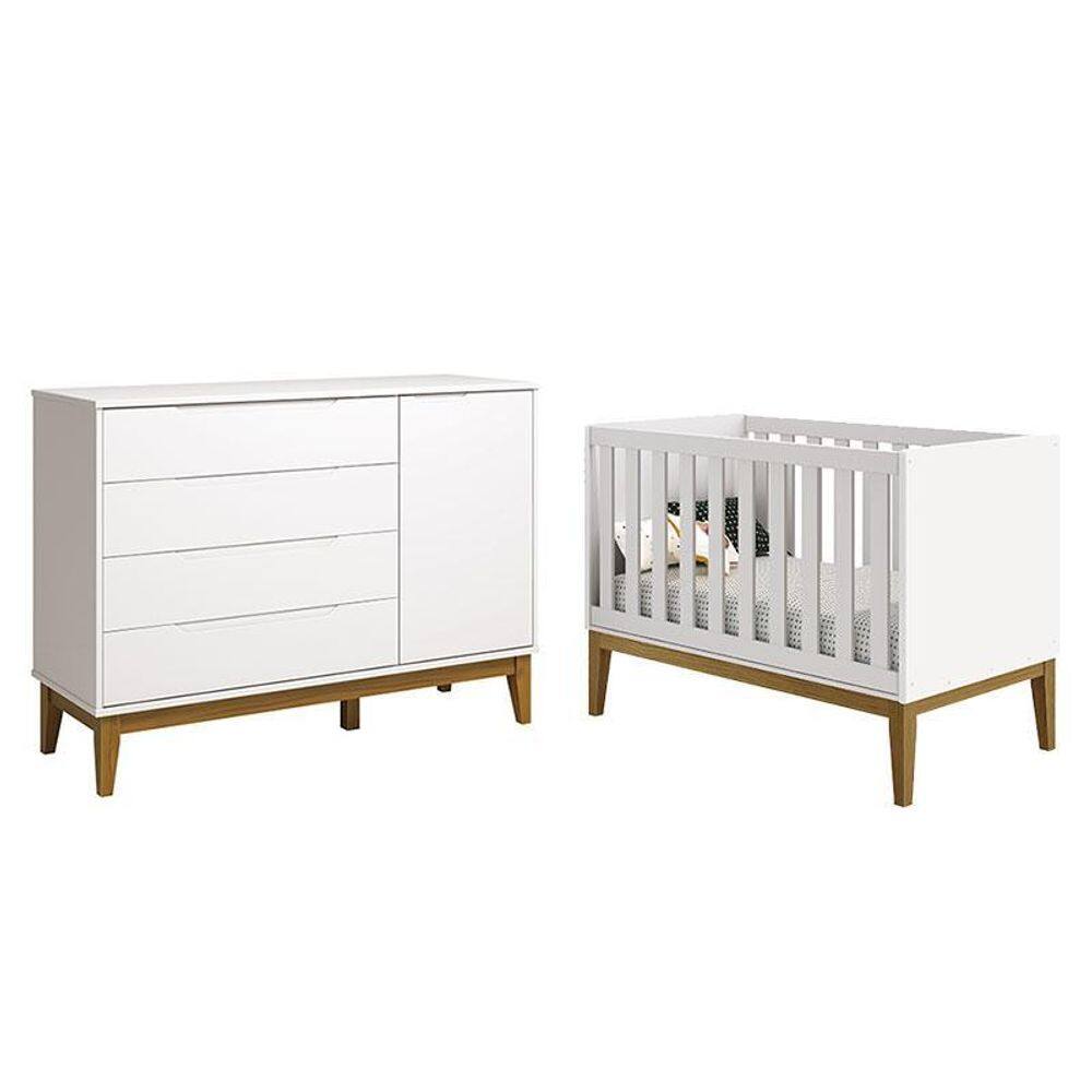 Berço Americano e Cômoda com Porta Classic Elfe Branco Acetinado com Pés Madeira - Reller